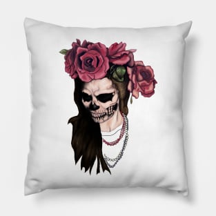 Skull face woman and roses Pillow