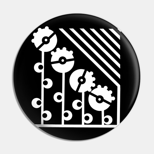 White Mechanical Flowers - Black Pin by Design Fern