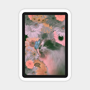 Cat and butterfly and flowers Magnet