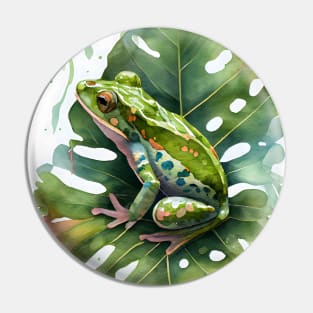 Green Frog on a Leaf Watercolor Design Pin