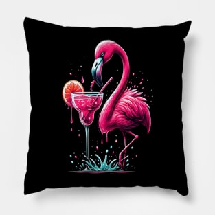 funny flamingo drinking margarita Pillow