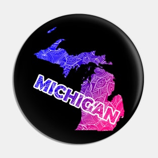 Colorful mandala art map of Michigan with text in blue and violet Pin