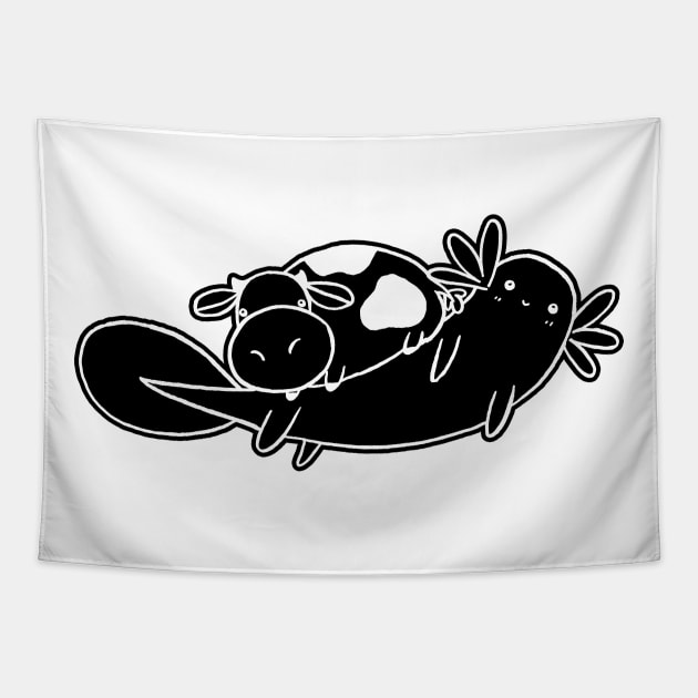 White Line Little Cow Mad Axolotl Tapestry by saradaboru