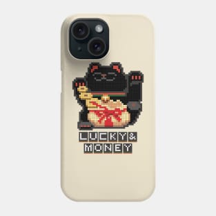 Kuro Maneki Neko Lucky & Money Japanese chubby black cat pixel art Phone Case