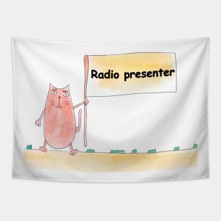 Radio presenter. Profession, work, job. Cat shows a banner with the inscription. Watercolor illustration. A gift for a professional Tapestry