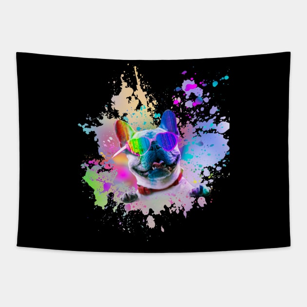 French Bulldog Dog Wearing Love Rainbow Heart Glasses Tapestry by Random Galaxy