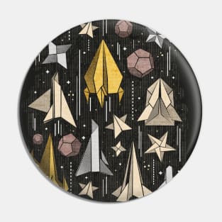 Reaching for the stars // illo // black background ivory grey brown and yellow origami paper asteroids stars and space ships traveling light speed Pin