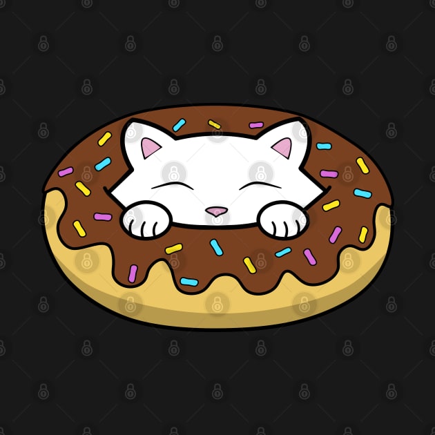 Cute white kitten eating a yummy looking chocolate doughnut with sprinkles on top of it by Purrfect