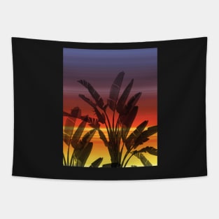 TropicL banana leaves on sunset background romantic print Tapestry