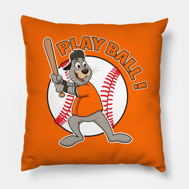 Play Ball! San Fransisco Giants Baseball Mascot Lou Seal Pillow by GAMAS Threads