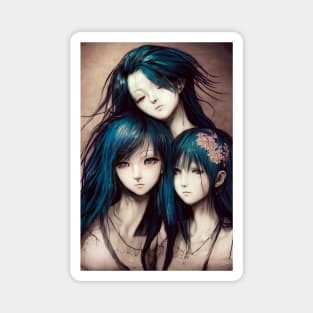 3 girls with blue hair, friends anime art Magnet