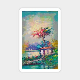 Twisted tree in colorful landscape Magnet