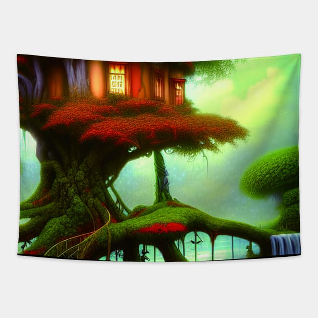 Tree House Portrait in Red Color, Greenery Outside, Landscape Painting Tapestry by Promen Art