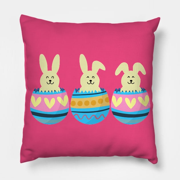 Three Easter Smiling Bunnies in Colorful Eggs Pillow by deelirius8