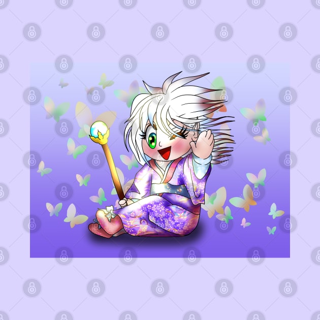 happy chibi elf sorcerer in a purple kimono by cuisinecat