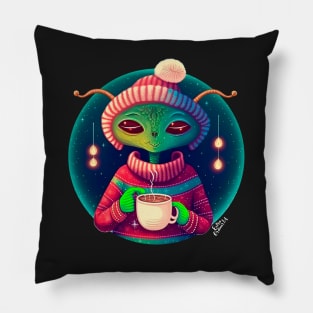 Christmas Funny Alien Drinking Coffee Wearing Sweater Pillow