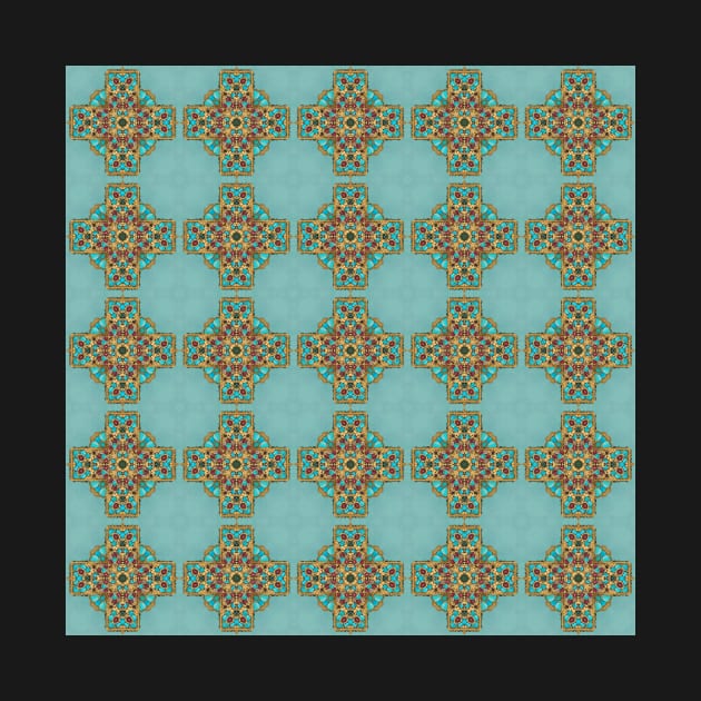 Turquoise and Gold gemmed Kaleidoscope pattern 1 by Swabcraft