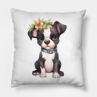 Watercolor Boston Terrier Dog with Head Wreath Pillow