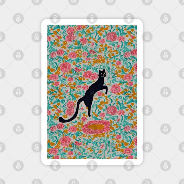 black cat jumping into peonies Magnet by JJLosh