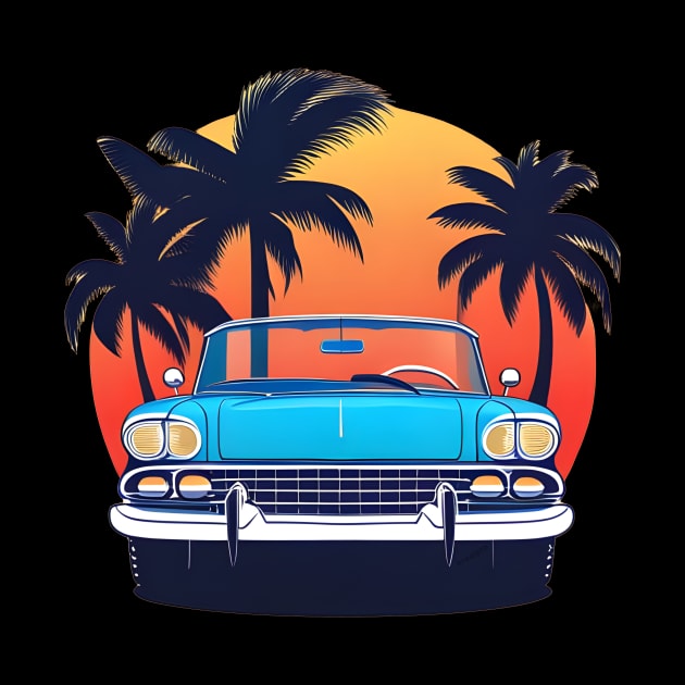 blue 1960s classic car with sun and palm trees by Kraaibeek