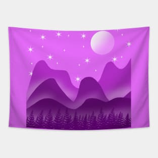 Purple Mountain Scenery With Stars, Moon & Trees Tapestry