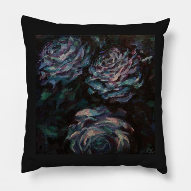 Three blue roses on square background Pillow by Anthropolog