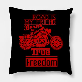 True Freedom - Road is my friend Motorbike - Red on Black Pillow