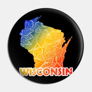 Colorful mandala art map of Wisconsin with text in blue, yellow, and red Pin