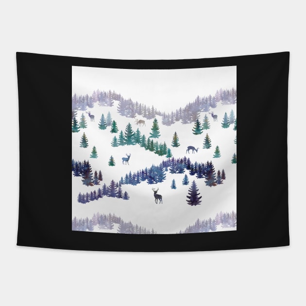 Winter snow  mountains landscape with spruce trees and deers silhouettes Tapestry by likapix