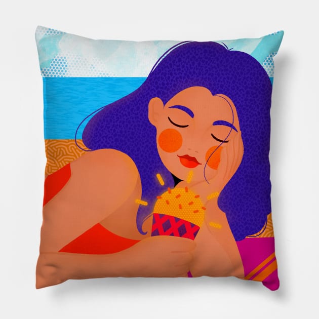 Summer girl at the beach with sunny ice cream, version 2 Pillow by iulistration