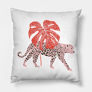 Leopard with monstera leaf Pillow