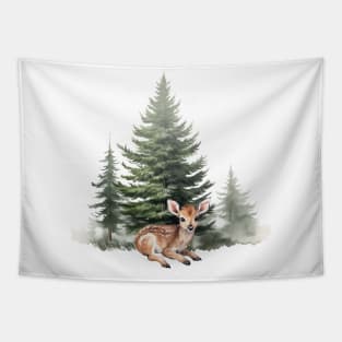 Woodland Baby Deer and Watercolor Trees. Tapestry