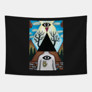 Surrealist painting like digital art of As Above so Below with occult symbolism and All Seeing Eye Tapestry