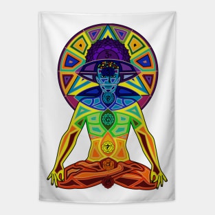 Man with Colored Chakras in Lotus Position Tapestry