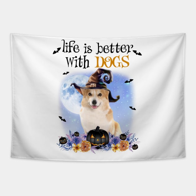 Corgi Witch Hat Life Is Better With Dogs Halloween Tapestry by Marcelo Nimtz