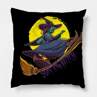 Surfing Witch Halloween Pillow