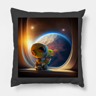 Cute Alien holding a green plant - We come in peace Pillow