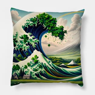 Emerald Wave: Kanagawa Meets St. Patrick's Day Pillow