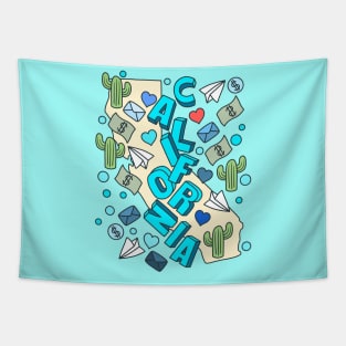 California Blue Color Map Doodle Tapestry