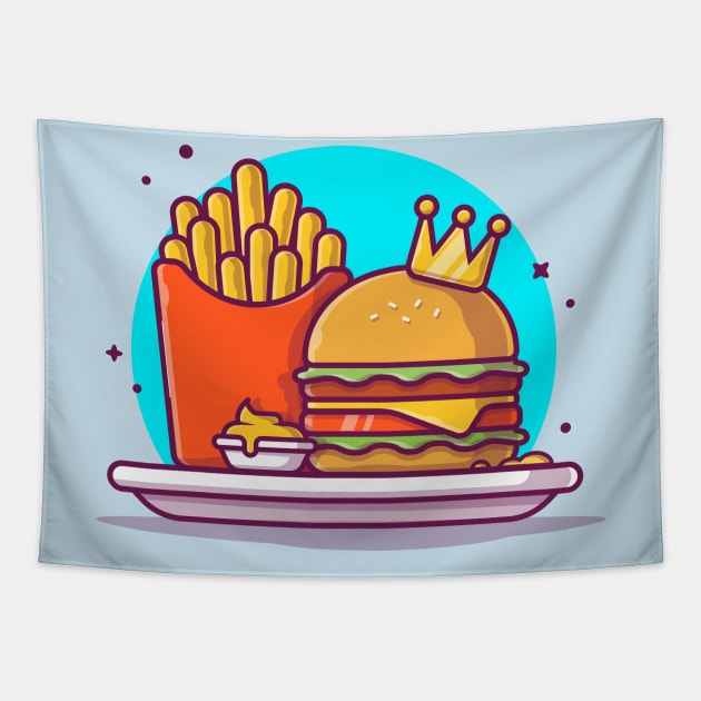 Burger With French Fries Cartoon Vector Icon Illustration (2) Tapestry by Catalyst Labs