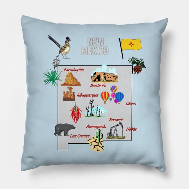 New Mexico state map with major cities, landmarks, Tourist Destinations, US Pillow by Mashmosh