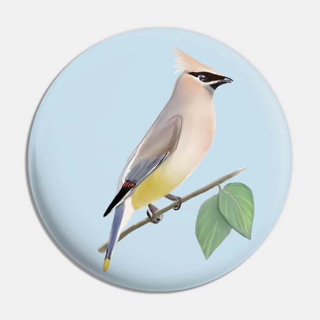 Cedar Waxwing Bird Digital Painting Pin by MariaWorkman