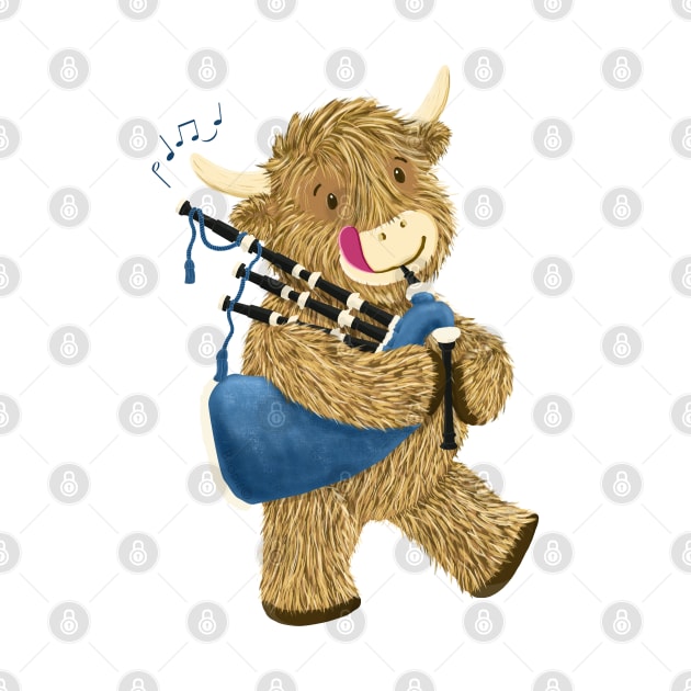 Wee Hamish The Happy Scottish Highland Cow Plays His Bagpipes by brodyquixote