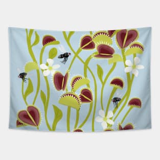 Venus flytraps with flies and flowers Tapestry