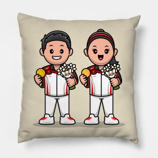 Cute Boy And Girl Winning Champion Cartoon Pillow