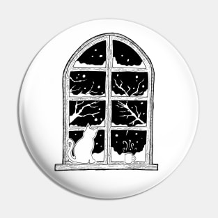 Winter window with snow and a cat Pin