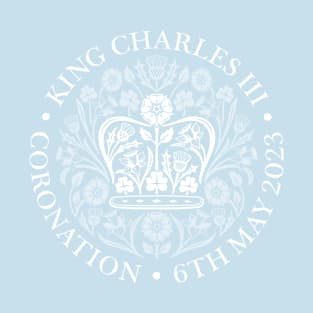 King Charles III Official Coronation Emblem white on dark blue T-Shirt