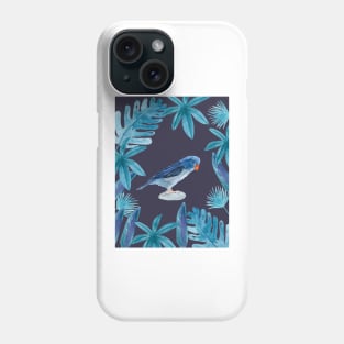 Blue Pacific Parrotlet with tropical leaves and an indigo background Phone Case