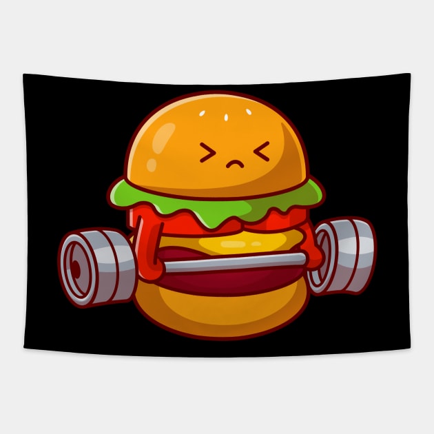 Cute Burger Lifting Dumbbell Cartoon Tapestry by Catalyst Labs