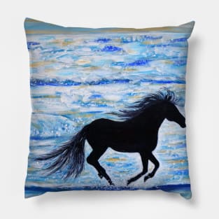 Horse Running Free by the Sea Painting Pillow